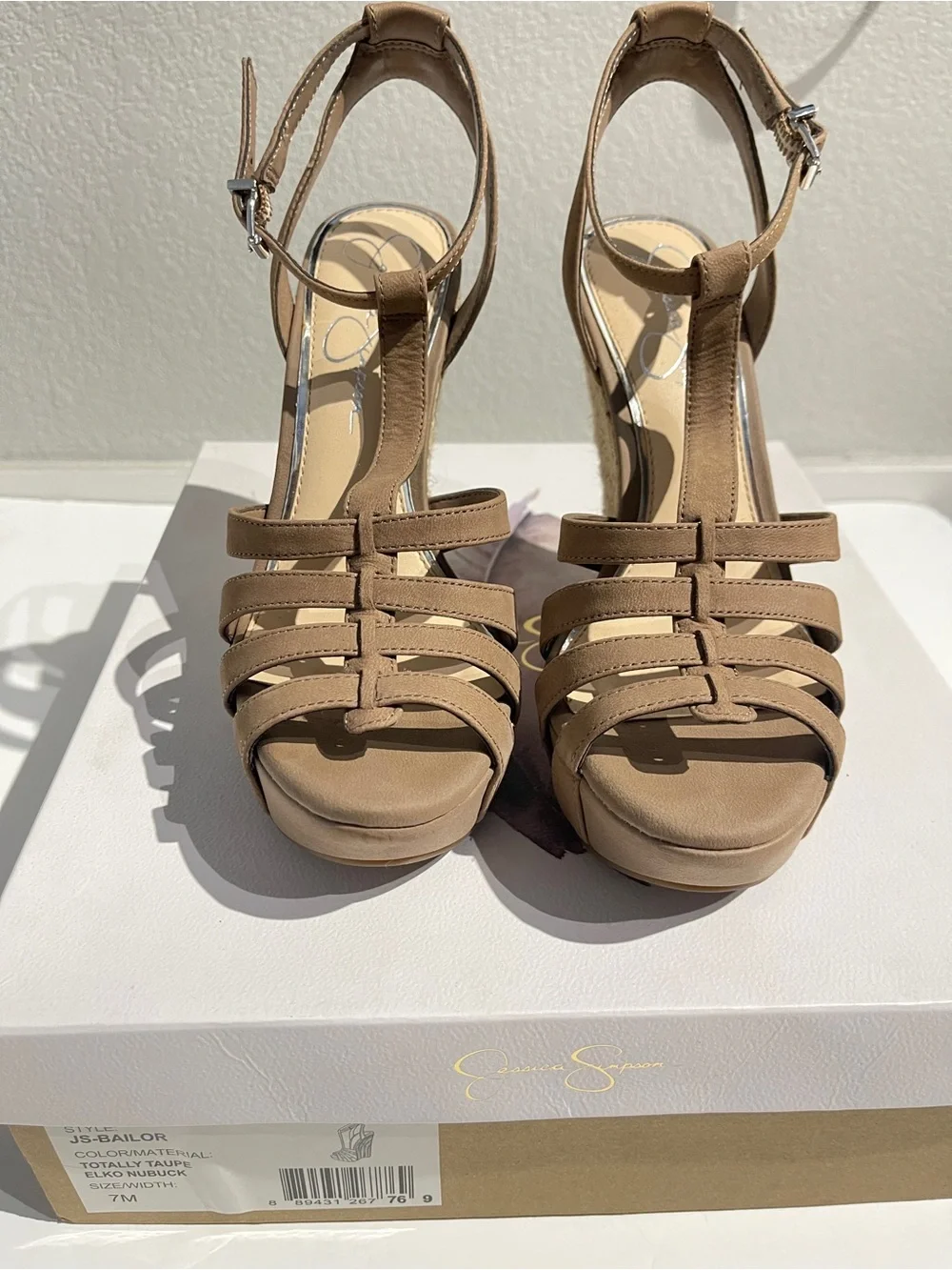 Jessica Simpson Taupe Strappy T‑Strap Platform Heels